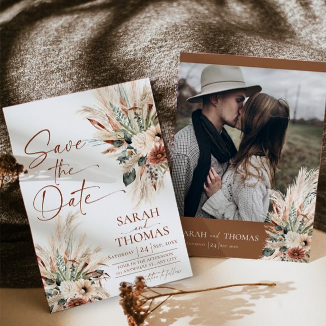 Rust Boho Terracotta Save The Date Card (Rust Boho Save The Date Card | Fall Terracotta Photo Wedding Save The Date Card (Front & Backside))