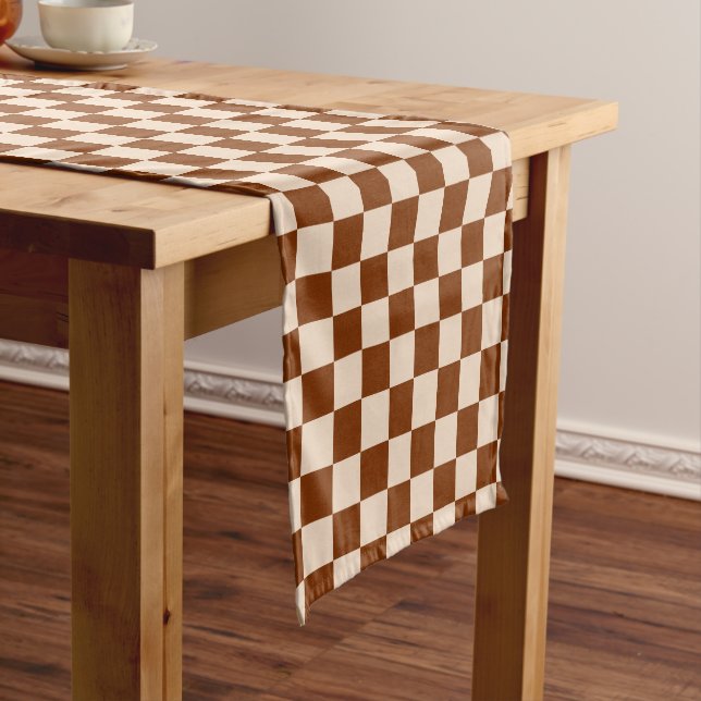 Rust brown and beige checkerboard pattern short table runner (In Situ)