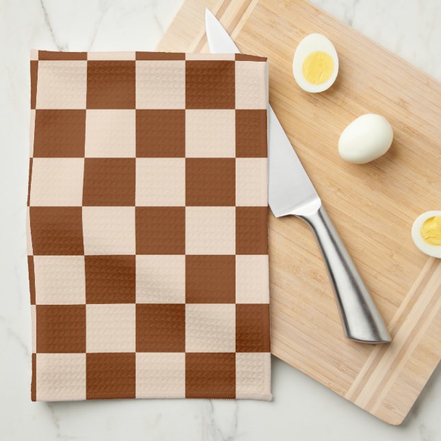 Rust brown and beige chequerboard pattern tea towel (Quarter Fold)