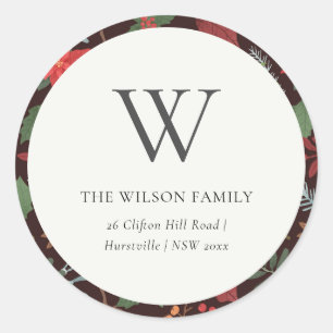 Rust Brown Berry Christmas Flora  Monogram Address Classic Round Sticker