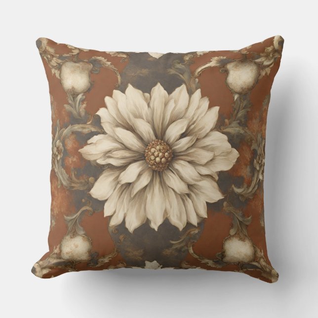 Rust Brown Cream Baroque Floral Cushion (Front)
