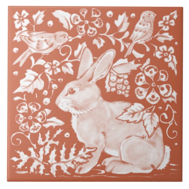 Rust Brown Rabbit Bunny Bird Woodland Rustic  Ceramic Tile (Front)