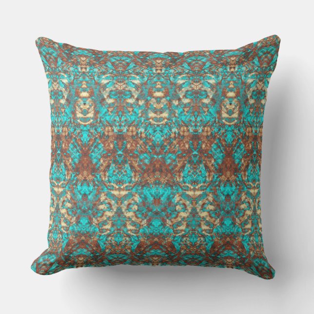 Rust Brown Turquoise Green Ornate Scratch Damask Cushion (Front)