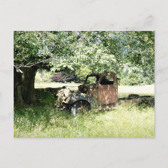 Rust Bucket Truck  on Field (Side View) Postcard (Front)