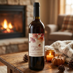 Rust Burgundy Autumn Floral Fall in Love Wedding Wine Label