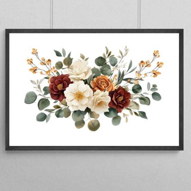 Rust Burgundy Terracotta Cream Florals Botanicals  Poster (Burgundy Rust Cream Floral with Eucalyptus Wall Art)