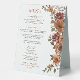 Rust Burnt Orange Floral Fall Wedding Dinner Menu 