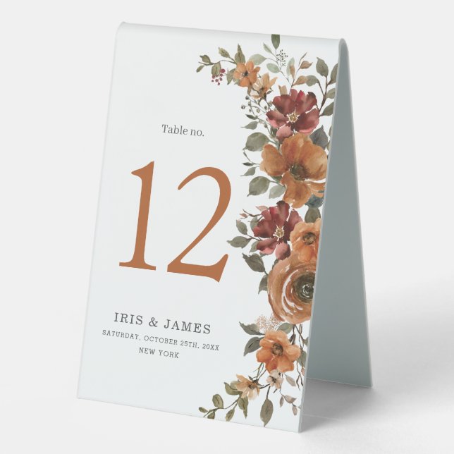 Rust Burnt Orange Floral Fall Wedding Table Number (Back)