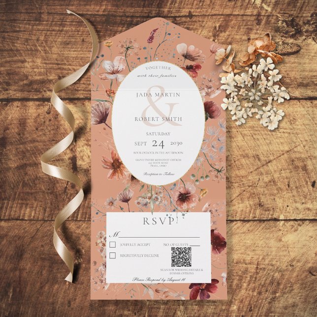 Rust & Burnt Orange Wildflower Floral QR Code All In One Invitation (Creator Uploaded)