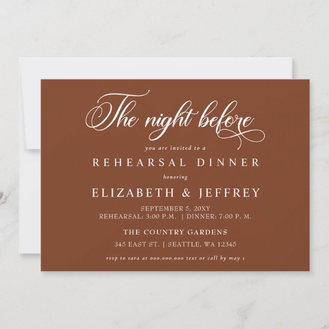 Rust Calligraphy The Night Before Rehearsal Dinner Invitation (Front)
