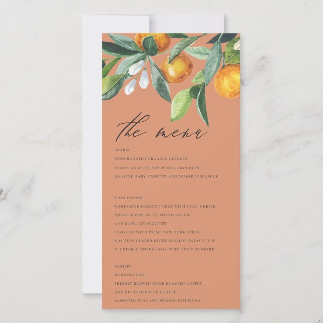 Rust Citrus Orange Botanical Wedding Menu Card (Front)