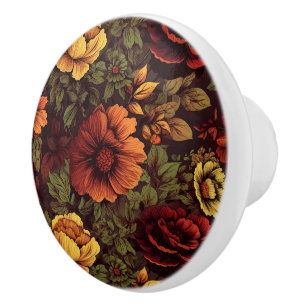 Rust Colour Vintage Floral Print Ceramic Knob