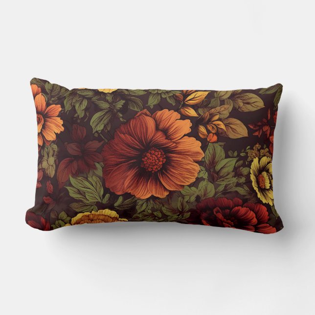 Rust Colour Vintage Floral Print Lumbar Cushion (Front)