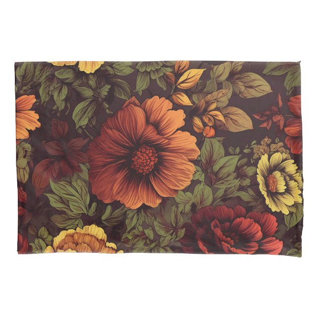 Rust Colour Vintage Floral Print Pillowcase (Front)