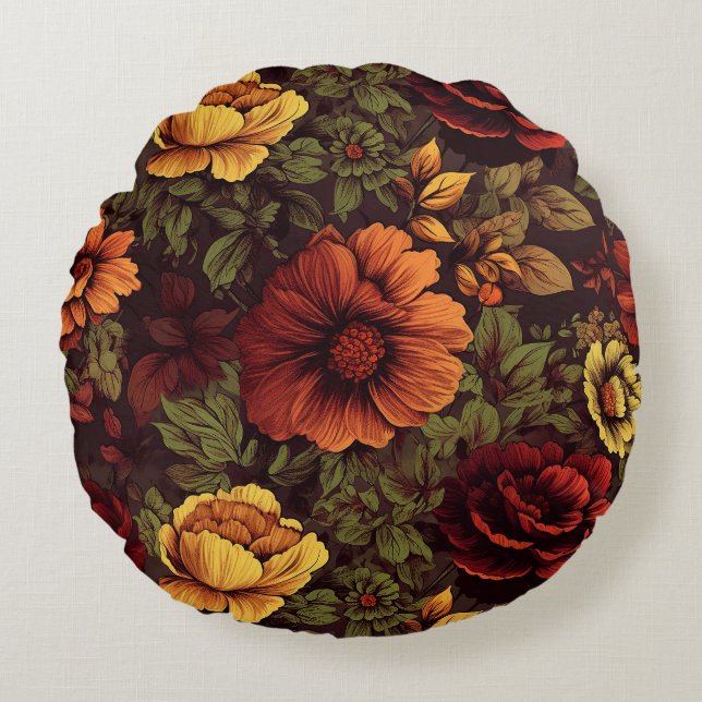Rust Colour Vintage Floral Print Round Cushion (Front)
