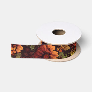 Rust Colour Vintage Floral Print Satin Ribbon