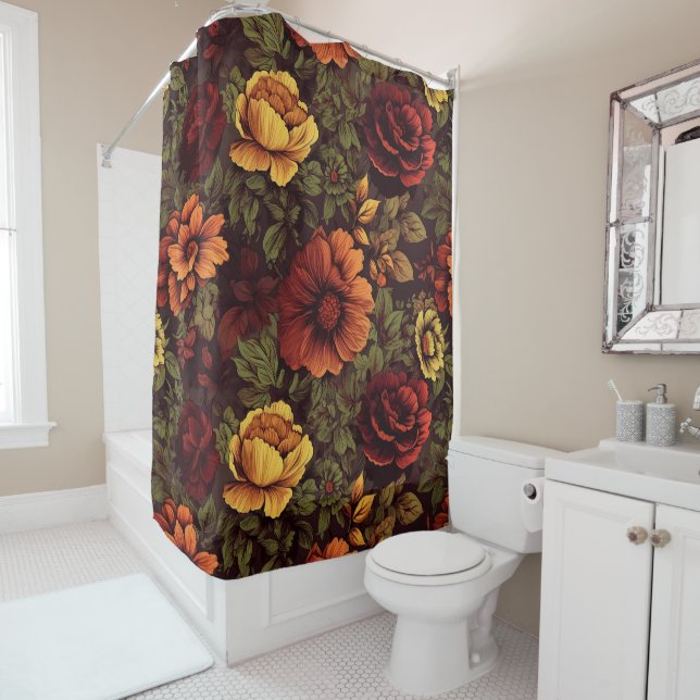Rust Colour Vintage Floral Print Shower Curtain (In Situ)