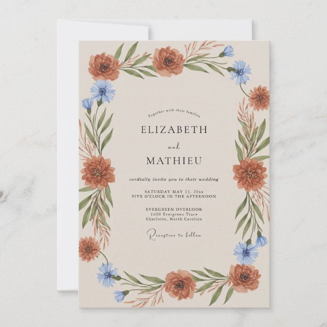 Rust Cornflower Leafy Wedding Invitation (Front)