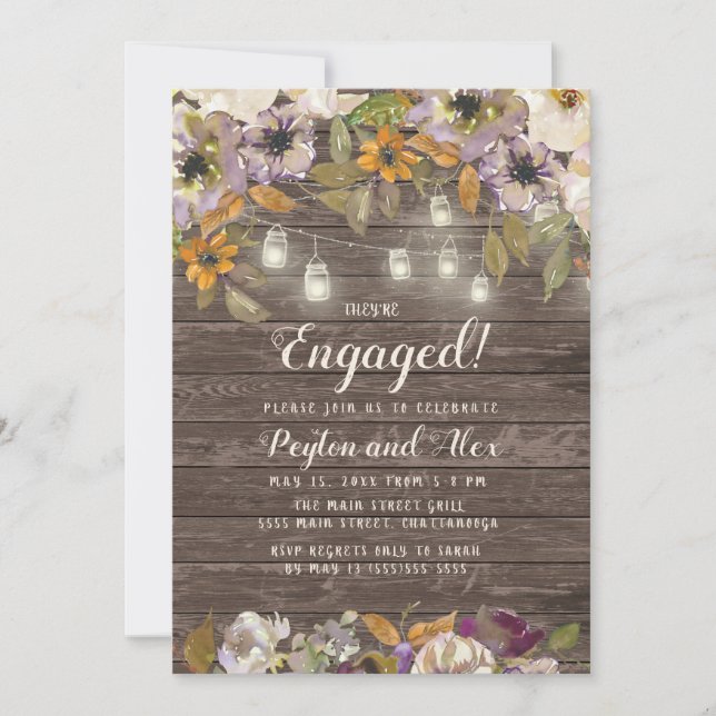 Rust Cream Purple Floral String Lights Wood Invitation (Front)