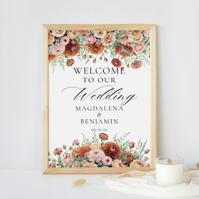 Rust Dahlia Flowers Sage Fall Calligraphy Welcome Poster (Creator Uploaded)