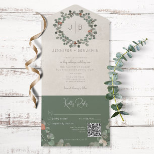 Rust & Dark Sage Green Eucalyptus Modern QR Code All In One Invitation