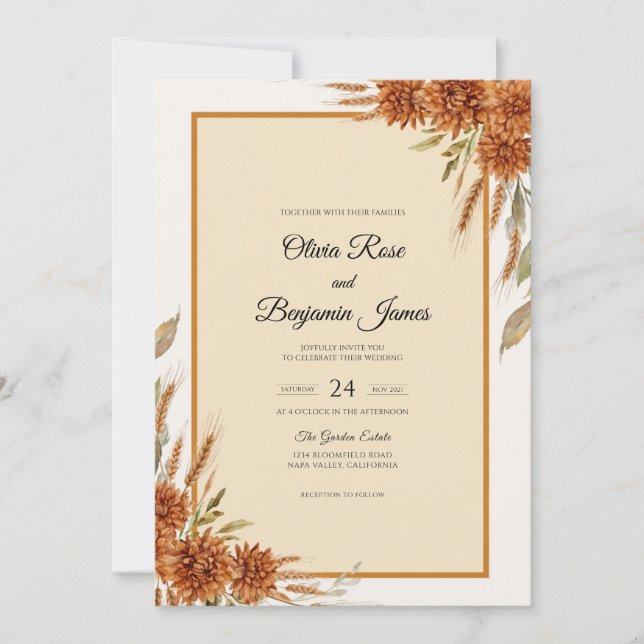 Rust Dried Wheat Eucalyptus Wedding Invitation (Front)
