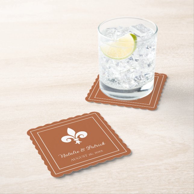 Rust Fleur de Lis Wedding Paper Coasters (Insitu)