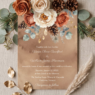 Rust Floral Pinecone Winter Woodland Wedding Invitation
