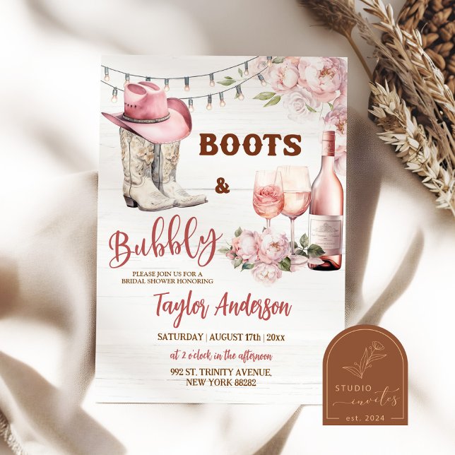 Rust Floral Western Boots and Bubbly Bridal Shower Invitation (Creator Uploaded)