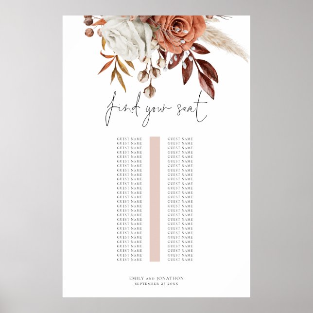 Rust Florals Single Table Wedding Seating Chart (Front)