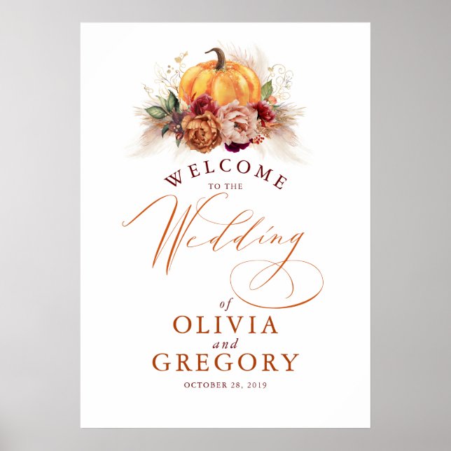 Rust Flowers and Pumpkins Wedding Welcome Poster (Front)