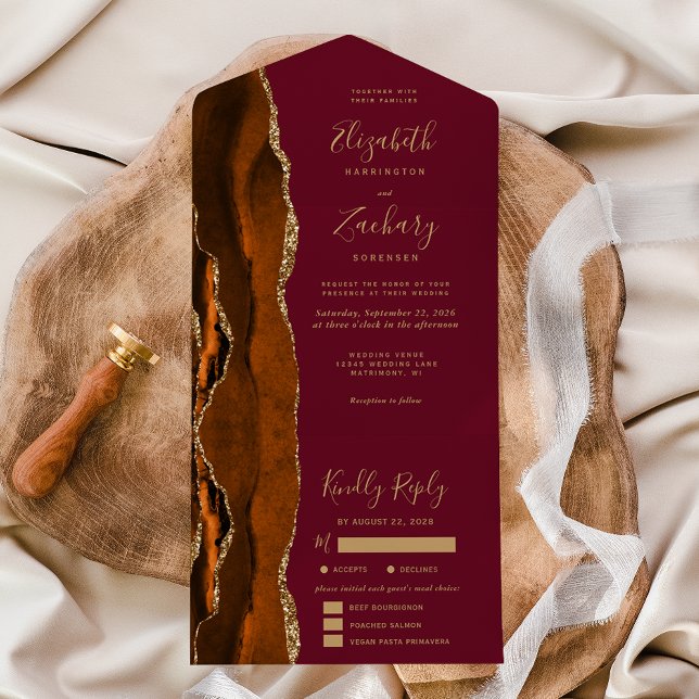 Rust Gold Agate Burgundy Meal Options Wedding All In One Invitation (Creator Uploaded)