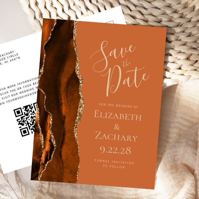 Rust Gold Agate Burnt Orange QR Code Save the Date Announcement Postcard (Creator Uploaded)