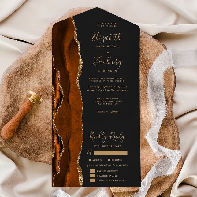 Rust Gold Agate Dark Meal Options Wedding All In One Invitation (Creator Uploaded)