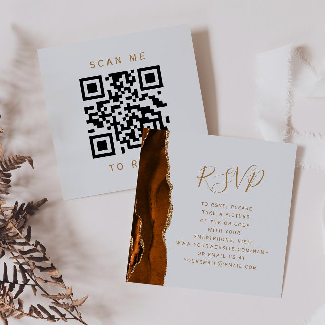 Rust Gold Agate Grey Wedding QR Code RSVP Enclosure Card (Creator Uploaded)