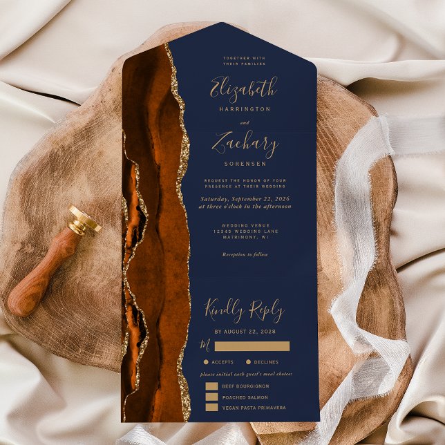Rust Gold Agate Navy Blue Meal Options Wedding All In One Invitation (Creator Uploaded)