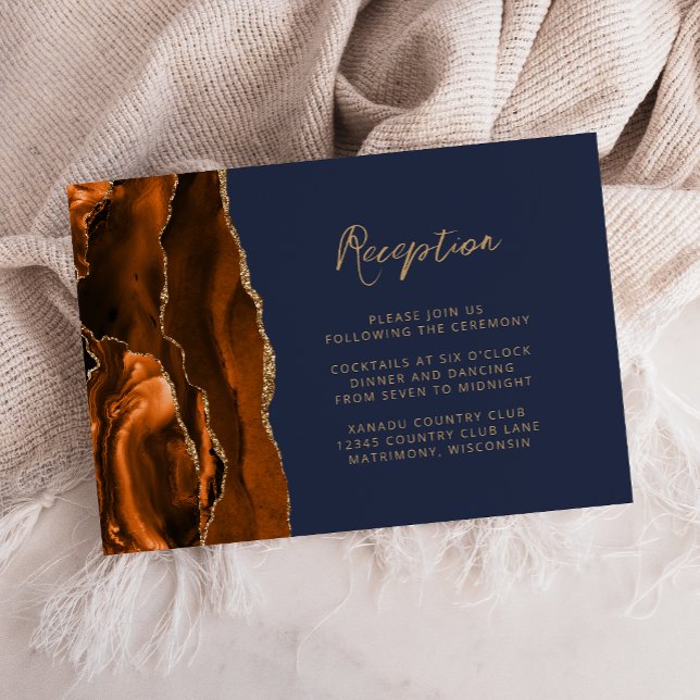 Rust Gold Agate Navy Blue Script Wedding Reception Enclosure Card (Creator Uploaded)