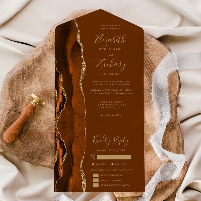 Rust Gold Agate Nutmeg Brown Meal Options Wedding All In One Invitation (Creator Uploaded)