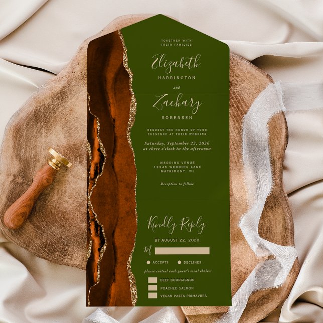Rust Gold Agate Olive Green Meal Options Wedding All In One Invitation (Creator Uploaded)