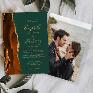 Rust Gold Agate Photo Dark Green Wedding Invitation