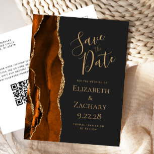 Rust Gold Agate Slate Black QR Code Save the Date Announcement Postcard