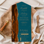 Rust Gold Agate Teal Blue Meal Options Wedding All In One Invitation<br><div class="desc">The left-hand edge of this elegant modern all-in-one wedding invitation and RSVP features a burnt orange and rust watercolor agate border trimmed with faux gold glitter. The detachable RSVP card includes space for guests to initial their choice of three entrees. The customisable text combines gold-coloured handwriting, copperplate and italic fonts...</div>