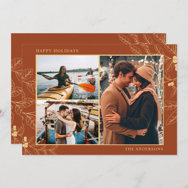 Rust Gold Botanical Three Photo Christmas Holidays (Front/Back)