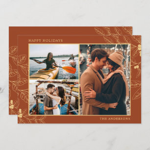 Rust Gold Botanical Three Photo Christmas Holidays