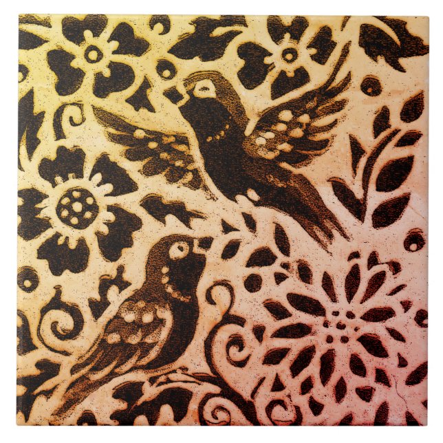 Rust Gold Brown Bird Floral Autumn Leaves Batik Ceramic Tile (Front)