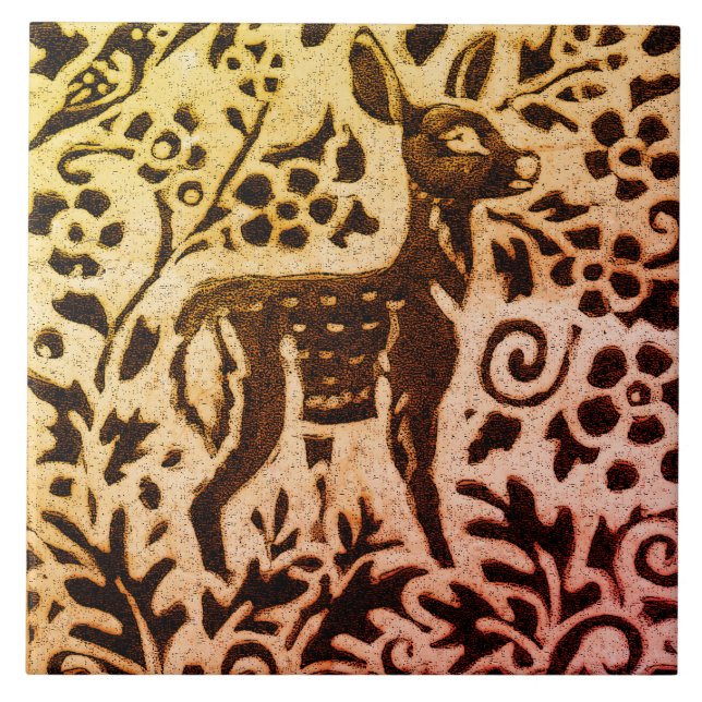 Rust Gold Brown Deer Fawn Floral Autumn Leaf Batik Ceramic Tile (Front)
