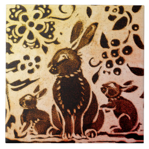Rust Gold Brown Rabbit Floral Autumn Leaves Batik Ceramic Tile