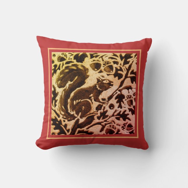 Rust Gold Brown Squirrel Acorn Fall Leaves Batik Cushion (Front)