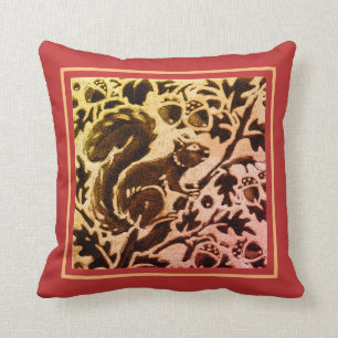 Rust Gold Brown Squirrel Acorn Fall Leaves Batik Cushion
