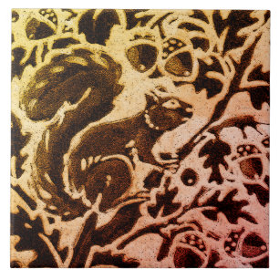 Rust Gold Brown Squirrel Floral Autumn Leaf Batik Ceramic Tile